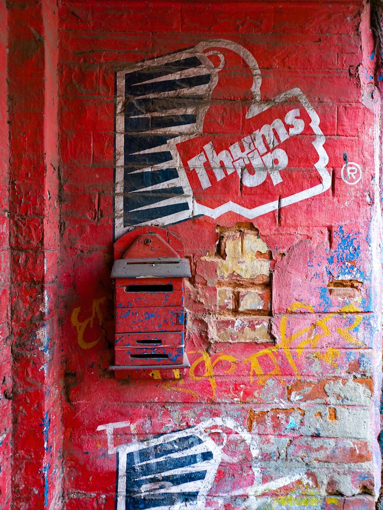 Red graffiti-covered wall with a mailbox in Kolkata, India.